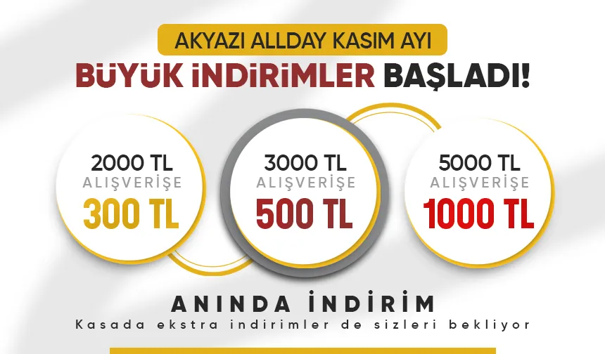 Akyazı Allday Kasım Ayı Büyük İndirimleri Başladı! Kaçırılmayacak Fırsatlar Burada!