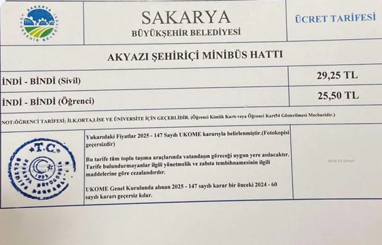 Akyazı'da dolmuş ücretleri zamlandı