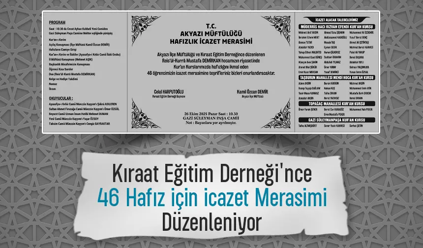 Akyazı’da 46 Hafız için icazet merasimi düzenleniyor