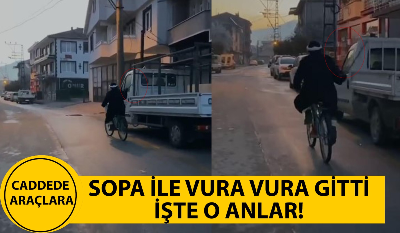 Caddede bisikleti ile araçlara vura vura böyle gitti