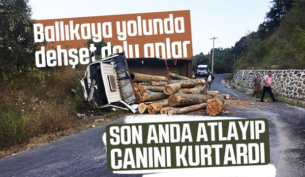 Freni patlayan kamyondan atlayıp canını kurtardı