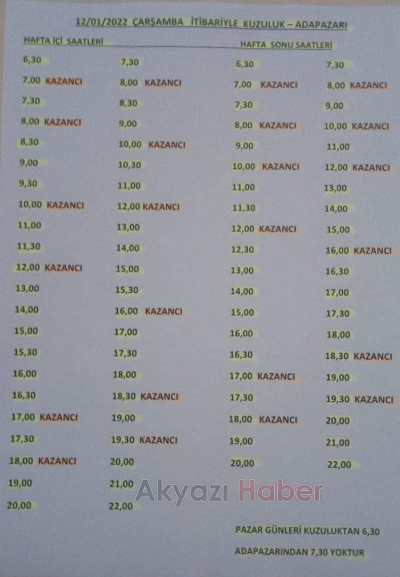 Kuzuluk-Adapazarı sefer saatlerinde değişiklik