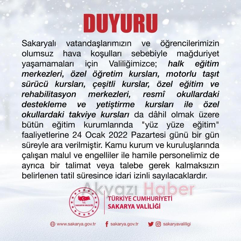 Sakarya'da Pazartesi tüm eğitim faaliyetlerine ara verildi