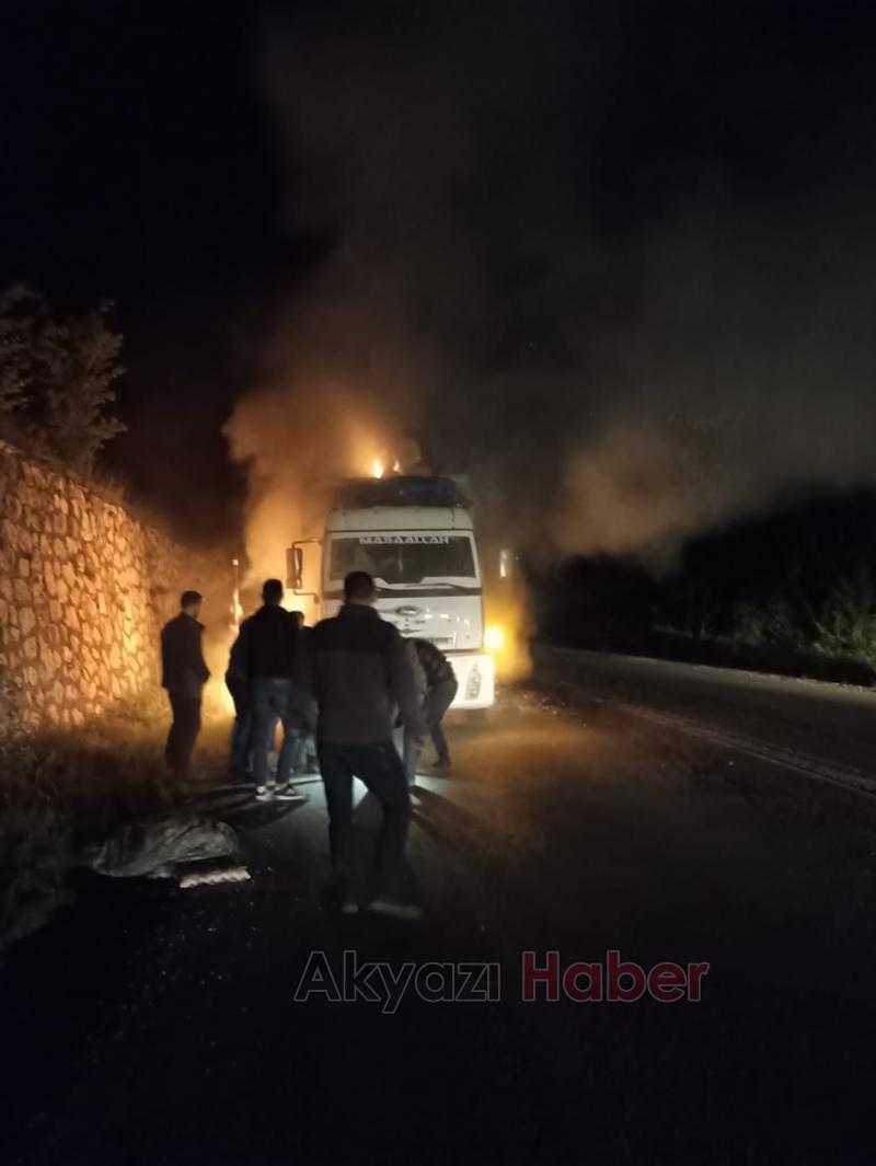 Akyazı'da tomruk yüklü kamyon alev aldı