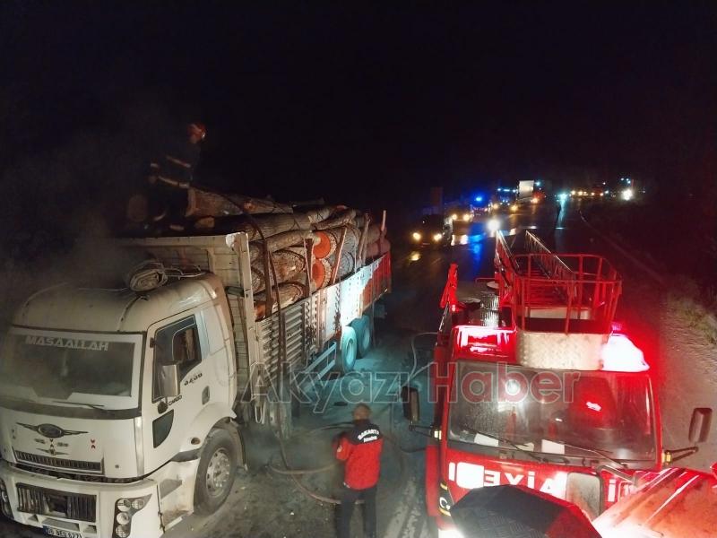 Akyazı'da tomruk yüklü kamyon alev aldı