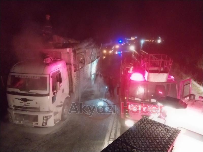 Akyazı'da tomruk yüklü kamyon alev aldı