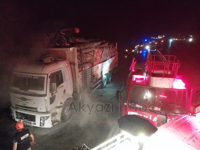 Akyazı'da tomruk yüklü kamyon alev aldı