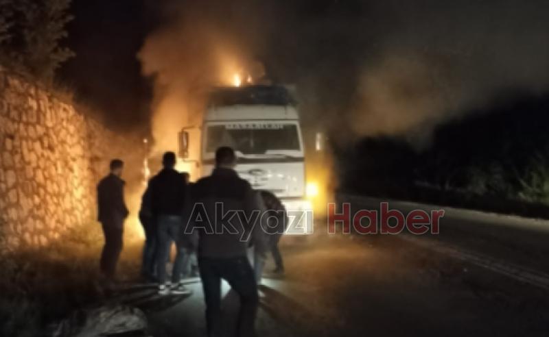Akyazı'da tomruk yüklü kamyon alev aldı