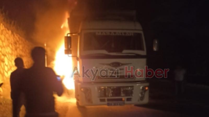 Akyazı'da tomruk yüklü kamyon alev aldı