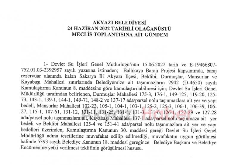 Akyazı Belediye Meclisi olağanüstü toplanıyor