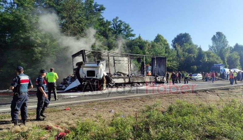 TEM'de feci kaza yanan tırda can verdi