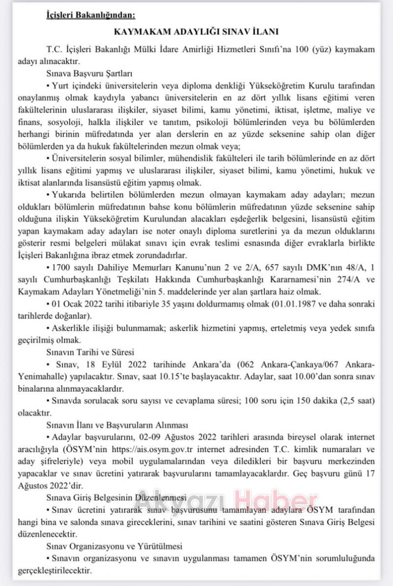 İçişleri Bakanlığı, 100 kaymakam adayı alıyor