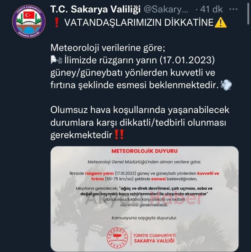 Valilik kuvvetli fırtına için uyardı