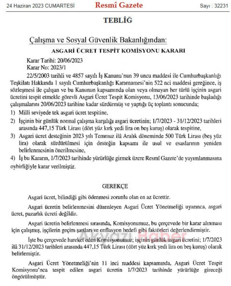 Asgari Ücret Tespit Komisyonu kararı Resmi Gazete’de yayınlandı