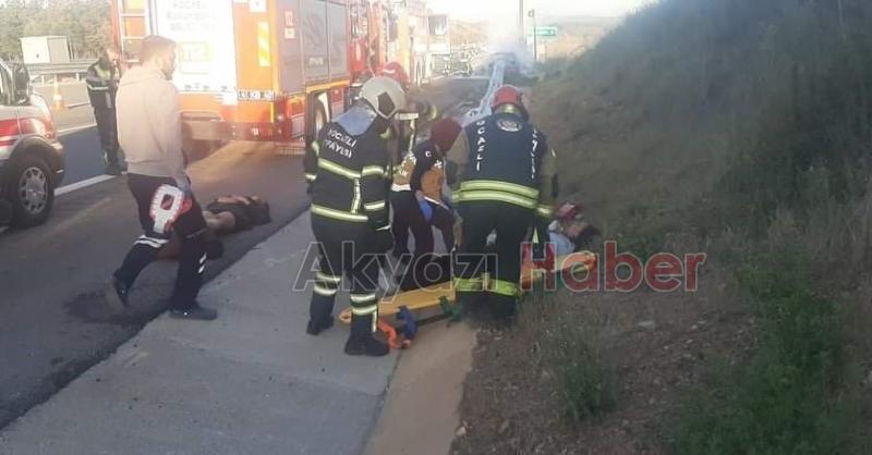 Bariyerin içinden geçen otomobil alev aldı: 3 kişi sağ kurtuldu