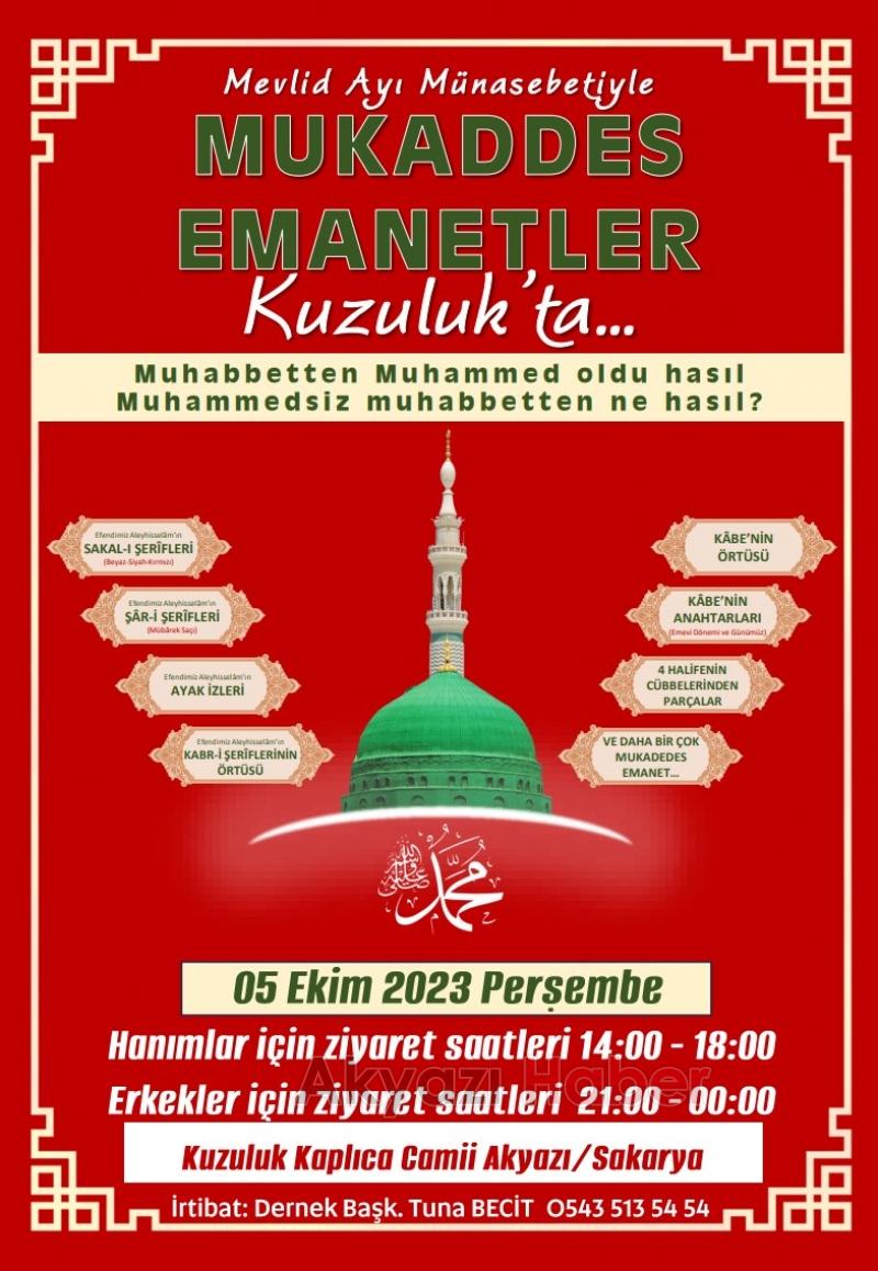 Kutsal emanetler Akyazı Kuzuluk Kaplıca Camii'nde görülebilecek