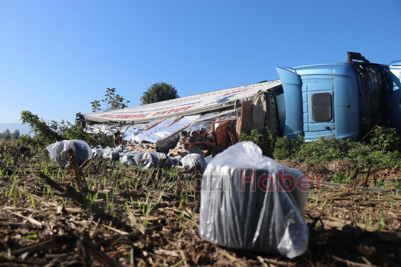 İplik yüklü tır, tarlaya devrildi