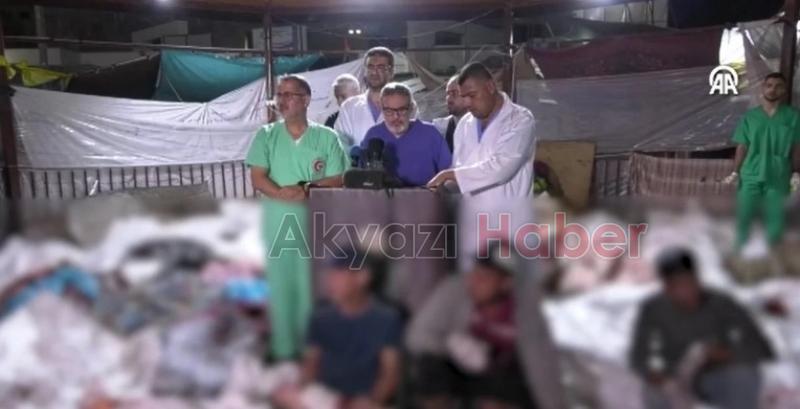 Gazze'de İsrail'in hastane saldırısının ardından, cenazelerin arasında basın toplantısı düzenlendi