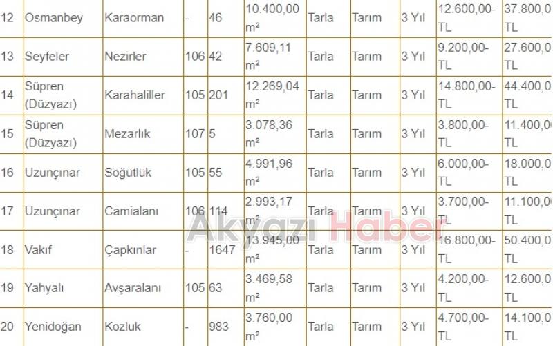 Akyazı Belediyesi'nden kiralık bahçe ve tarlalar