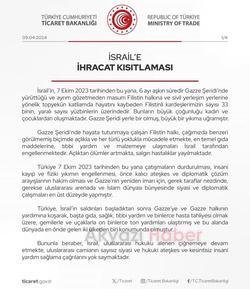 Ticaret Bakanlığı açıkladı: İsrail'e ihracat kısıtlaması