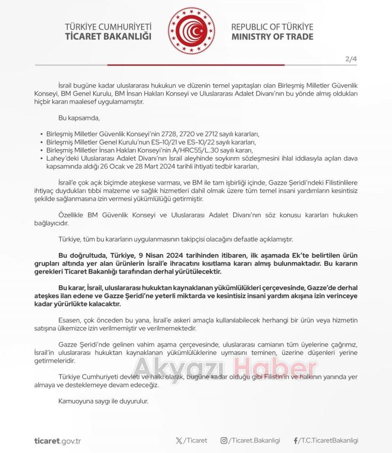 Ticaret Bakanlığı açıkladı: İsrail'e ihracat kısıtlaması