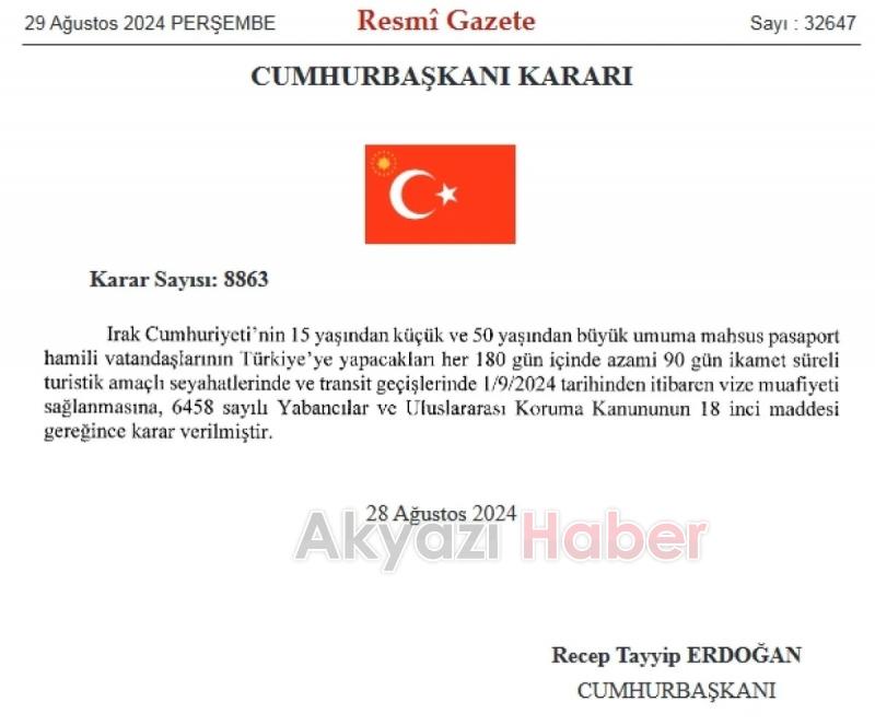 Irak Cumhuriyeti vatandaşlarına vize serbestisi kararı Resmi Gazete’de