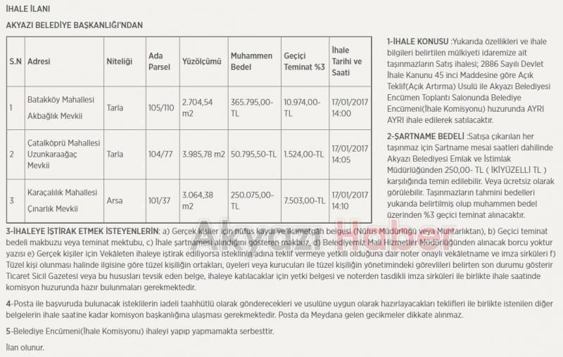Akyazı Belediyesi 2 Tarla 1 Arsayı İhale Usuluyle Satıyor