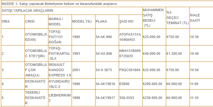 Akyazı Belediyesi araç satıyor