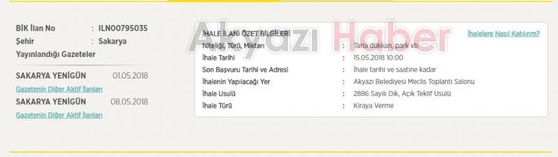 Akyazı Belediyesi'ne Ait Bazı Taşınmazlar Kiraya Veriliyor