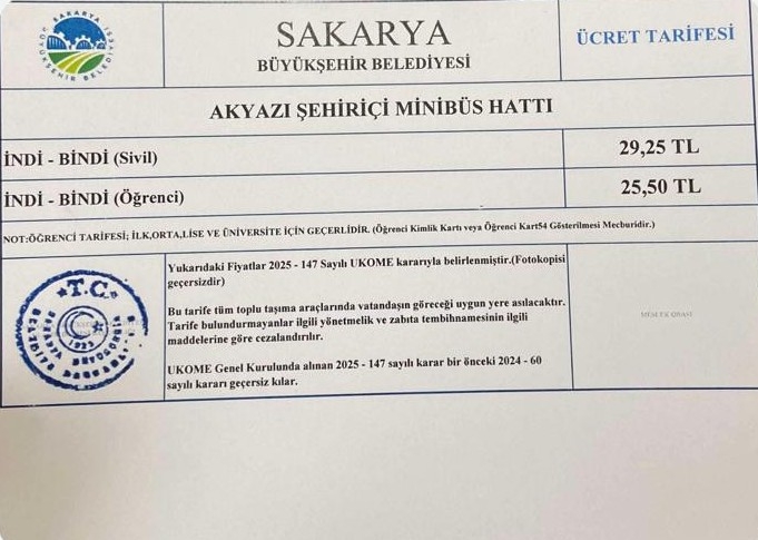 Akyazı'da dolmuş ücretleri zamlandı