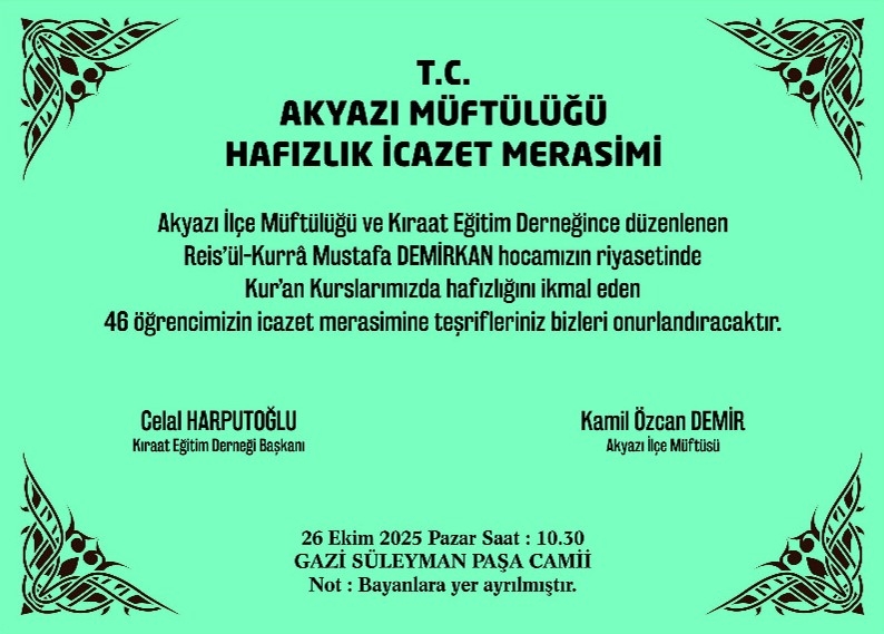 Akyazı’da 46 Hafız için icazet merasimi düzenleniyor