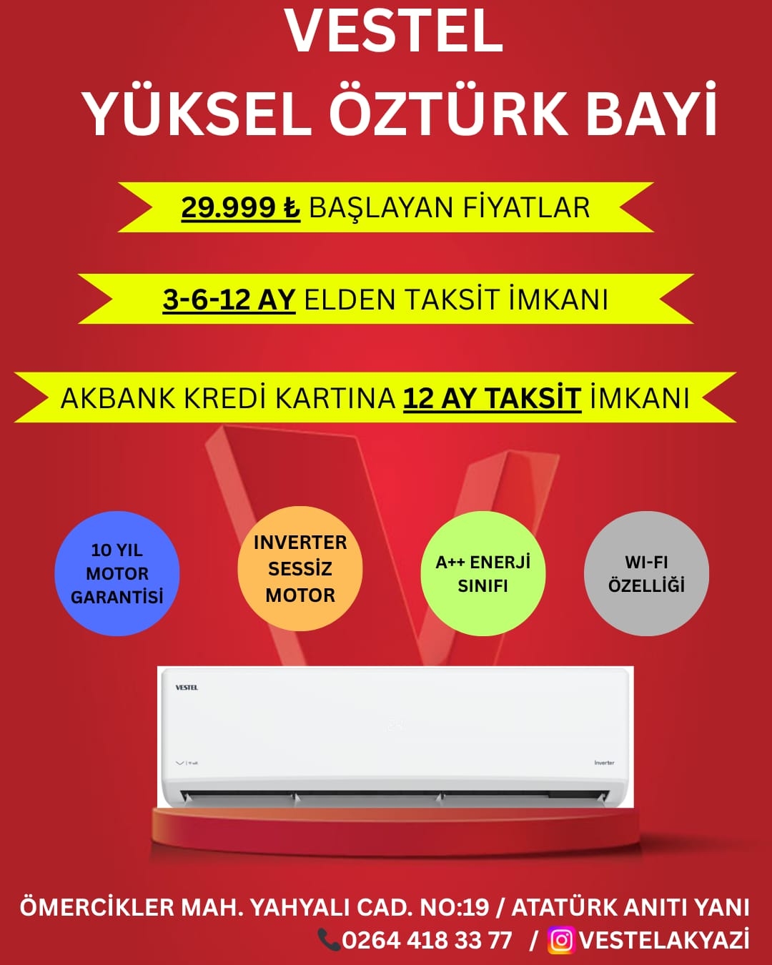 Akyazı’da Klima Fırsatı: Yüksel Öztürk Vestel’de Fiyatlar 29.999 TL’den Başlıyor!
