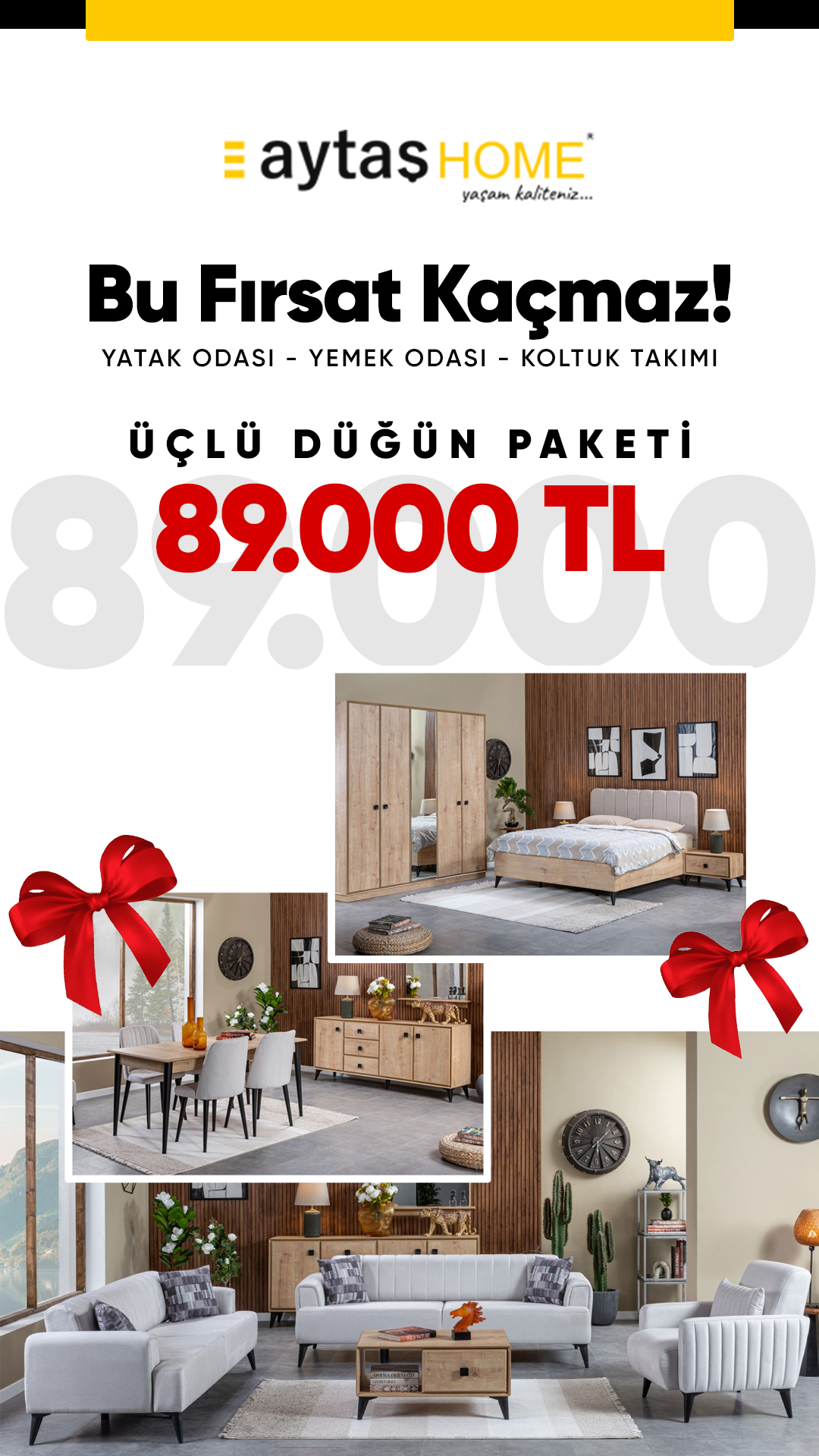 Aytaş Home'dan Düğün Paketi Kampanyası! Yatak Odası, Yemek Odası, Koltuk Takımı Tek Fiyata!