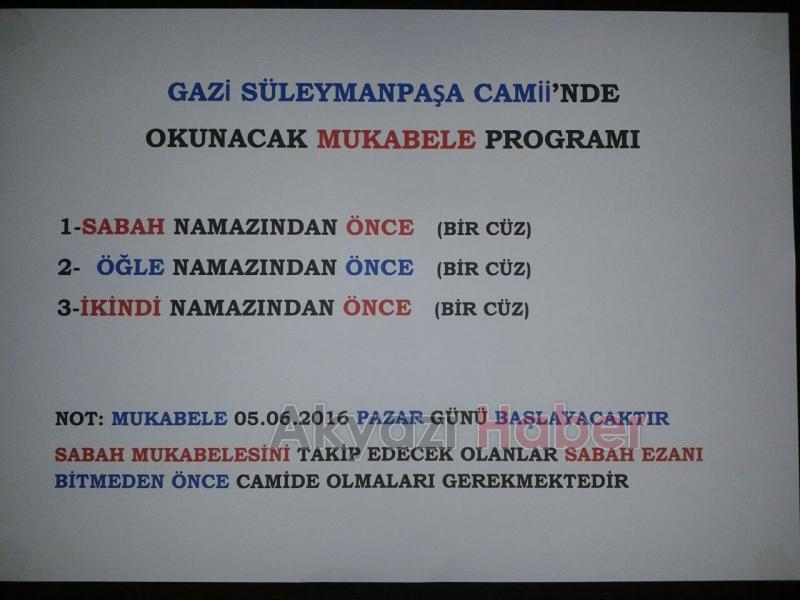 Gazi Süleymanpaşa Cami Mukabele Programı Açıklandı