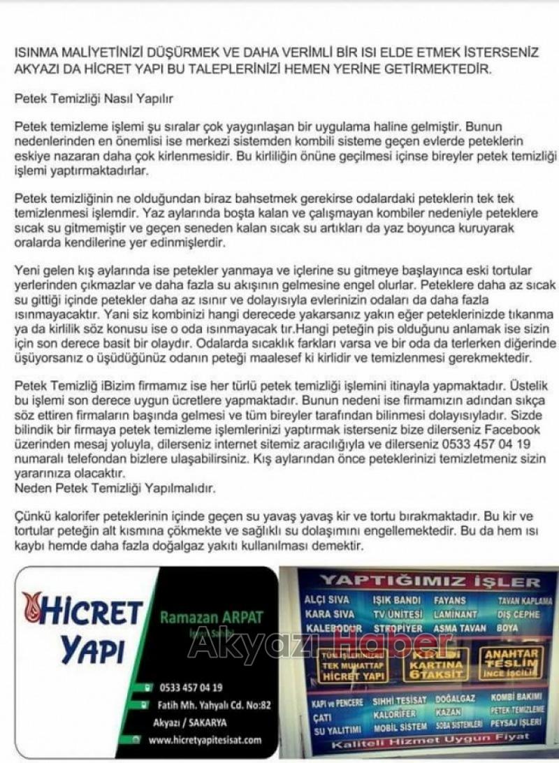 Hicret Yapı Kombi Kalorifer ve Petek Temizleme Servisi