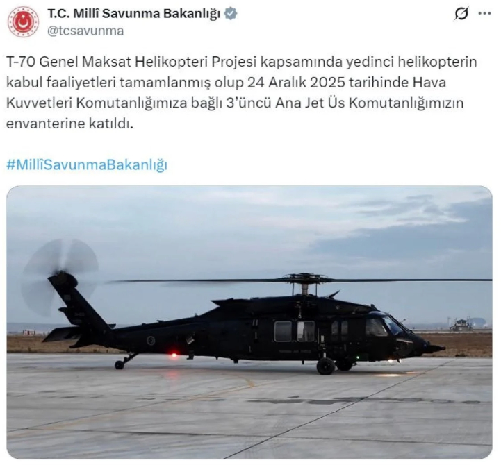 MSB duyurdu: T-70 Genel Maksat Helikopteri’nin 7’ncisi envantere girdi