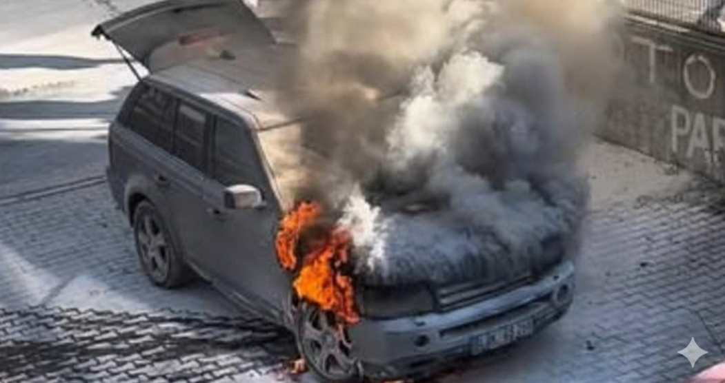 Panik anları; Otomobil alevler içinde kaldı