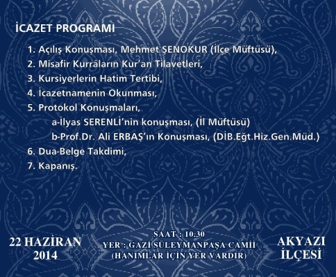 Aşere Takrib İcazet merasimi Pazar Günü