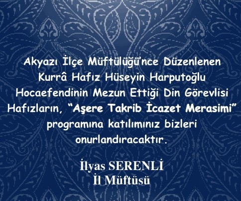 Aşere Takrib İcazet merasimi Pazar Günü