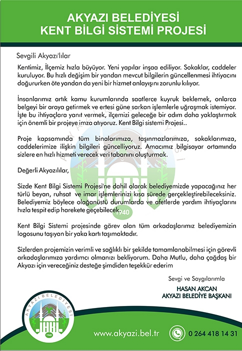 Akyazı Belediyesi Kent Bilgi Sistemi'ni Hayata Geçiriyor