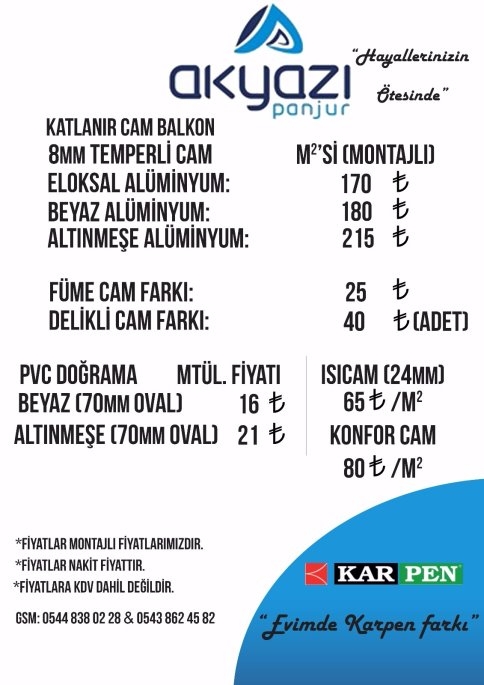 PVC, ISI CAM, KONFOR CAM VE KATLANIR CAM BALKON’DA ŞOK FİYATLAR
