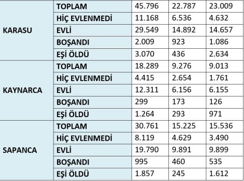 Akyazı İlçesi Medeni Durum İstatistikleri 