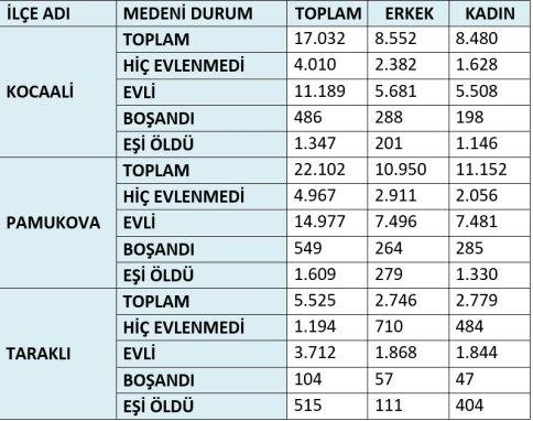 Akyazı İlçesi Medeni Durum İstatistikleri 