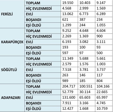 Akyazı İlçesi Medeni Durum İstatistikleri 