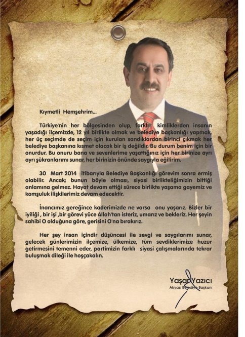 Başkan Yazıcı’dan Tüm Akyazı’ya Teşekkür Mektubu
