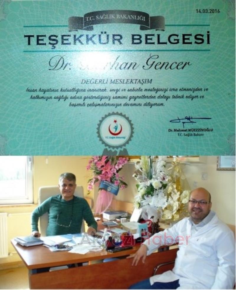 Sağlık Bakanı Gencer’e Teşekkür Belgesi Gönderdi