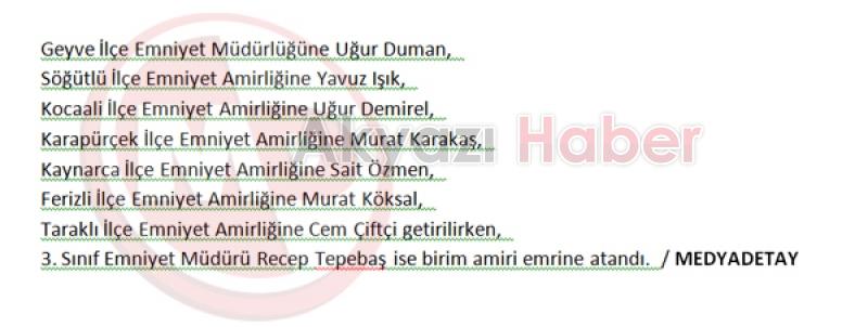 Sakarya Emniyetinde Büyük Rotasyon