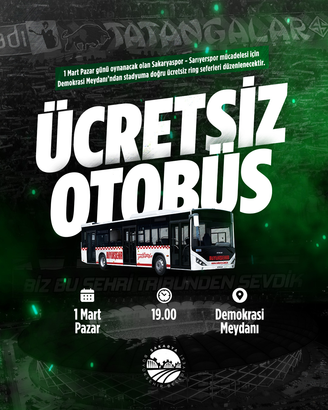 Sakaryaspor Sarıyer maçı için ücretsiz ring seferi