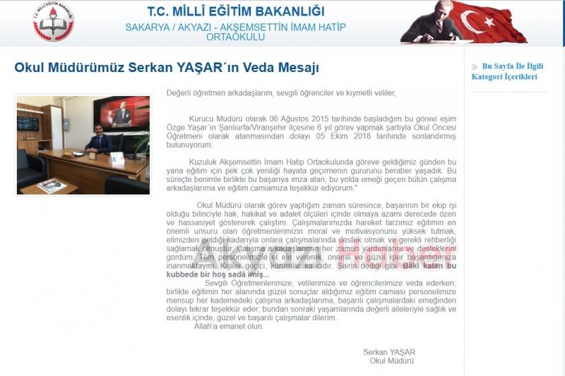 Şanlıurfaya atanan Akşemsettin İmam Hatip Ortaokulu Müdürüne veda ziyareti