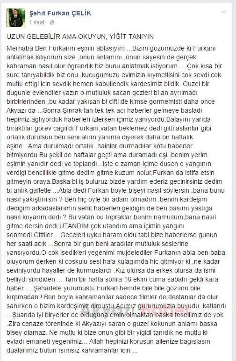 Şehit Furkan Çelik Hakkında Duygusal Paylaşım 
